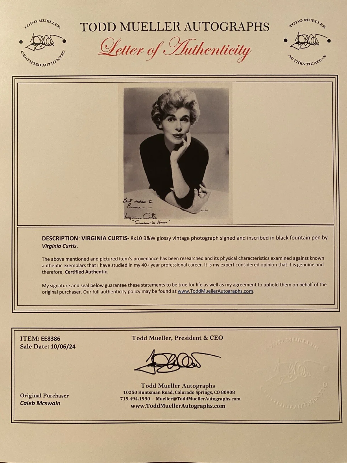 Virginia Curtis — Virginia Curtis Signed Autographed Photo w COA Your Show Of Shows Caesars Hour, изображение 3