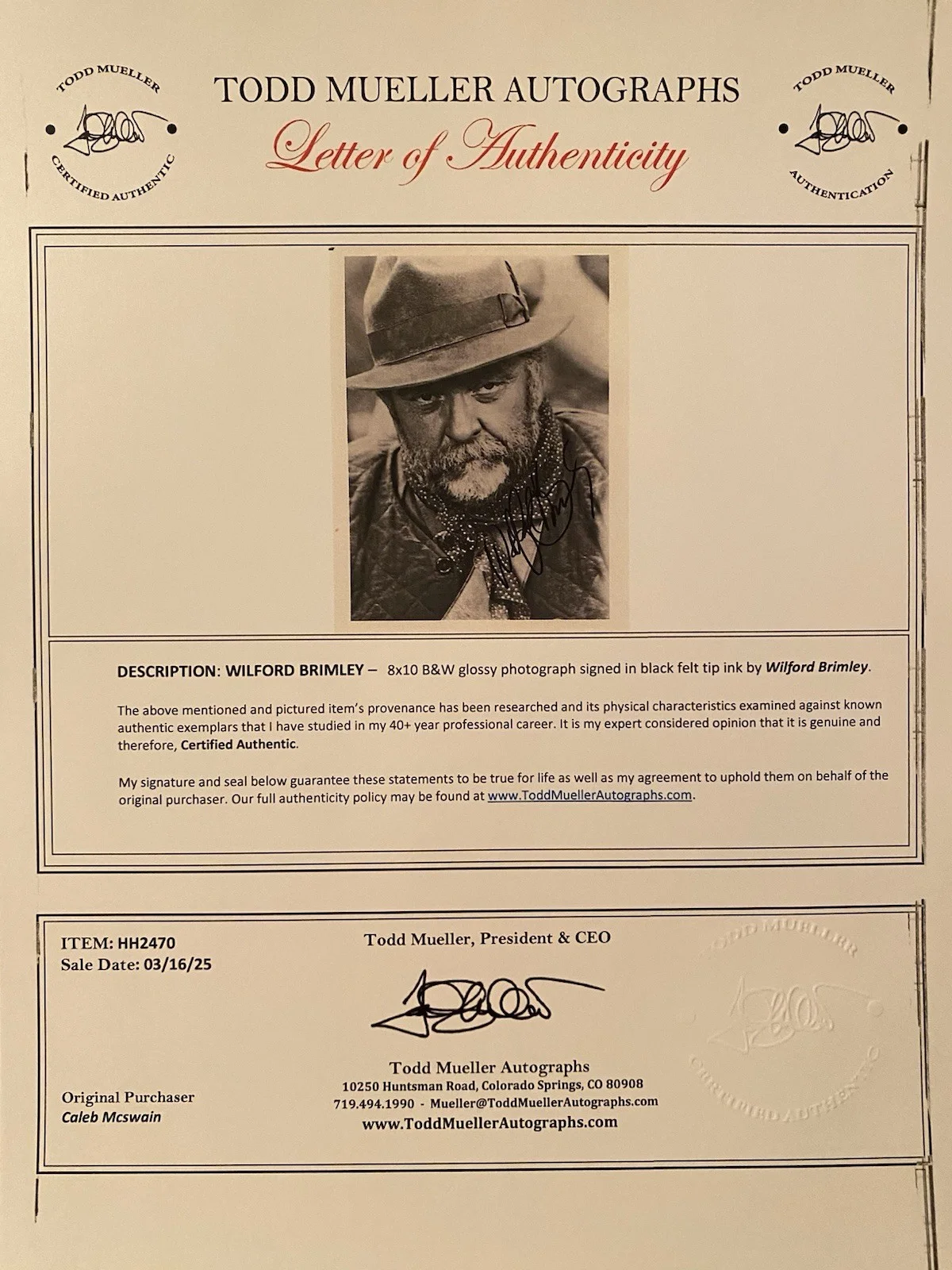 Wilford Brimley — Wilford Brimley Signed Autographed Photo With COA The Firm Cocoon The Natural, изображение 4