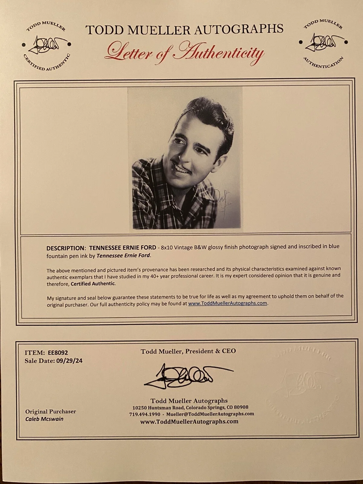 Tennessee Ernie Ford — Tennessee Ernie Ford Signed Autographed Photo With COA I Love Lucy Hee Haw Show, изображение 4