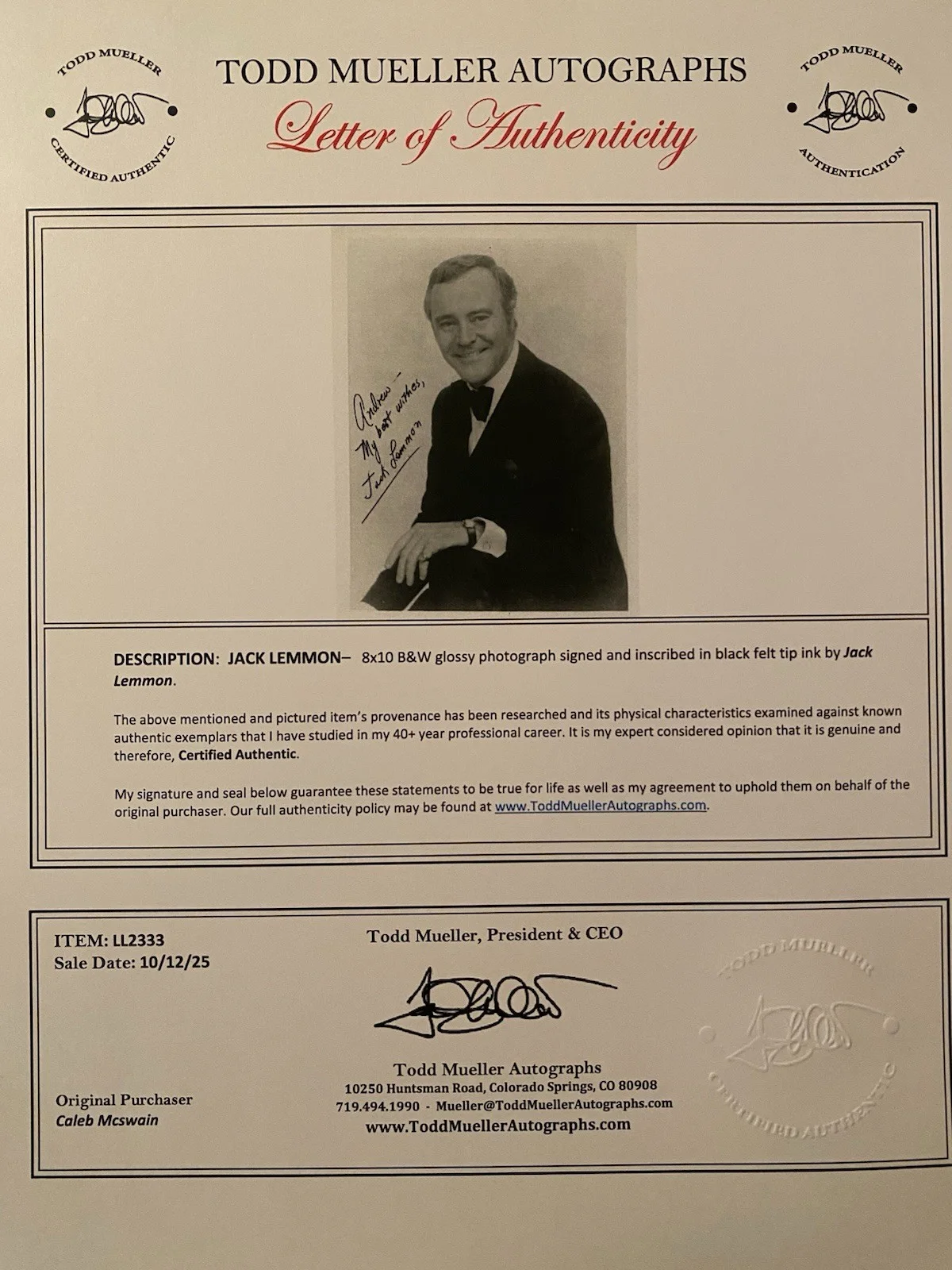 Jack Lemmon — Jack Lemmon Signed Autographed Photo With COA The Odd Couple Some Like It Hot, изображение 4