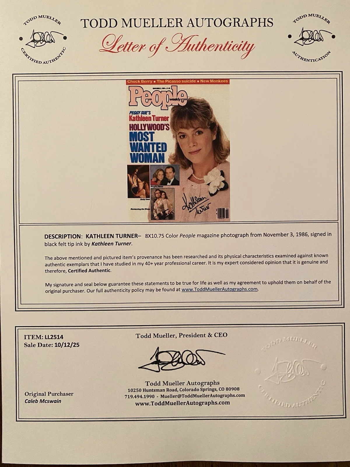 Kathleen Turner — Kathleen Turner Signed Autographed People Magazine Romancing The Stone With COA, изображение 4
