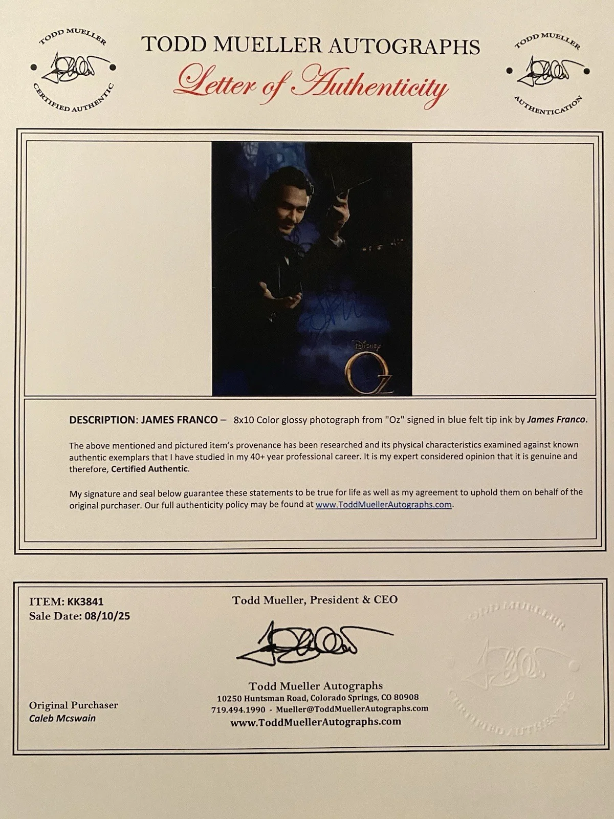 James Franco — James Franco Signed Autographed Photo With COA Oz The Great And Powerful, изображение 4