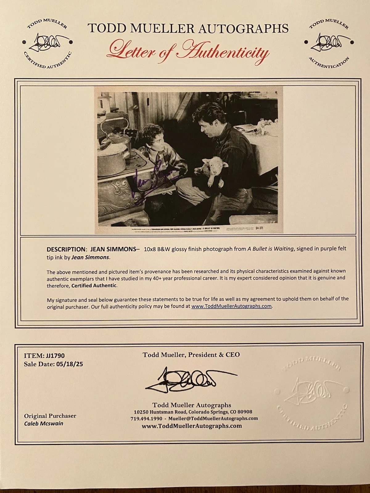 Jean Simmons — Jean Simmons Signed Autographed 10x8 Photo With COA A Bullet Is Waiting, image 4