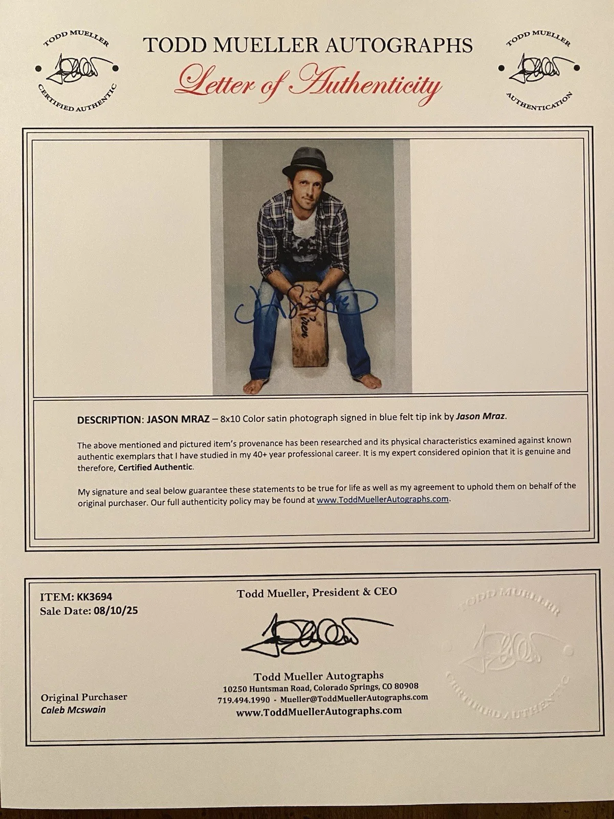 Jason Mraz Signed Autographed Photo With COA Singer I’m Yours, изображение 4