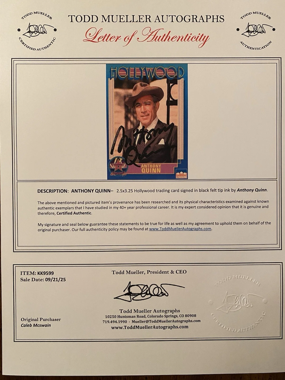 Anthony Quinn — Anthony Quinn Signed Autographed Hollywood Walk Of Fame Card With COA, изображение 5