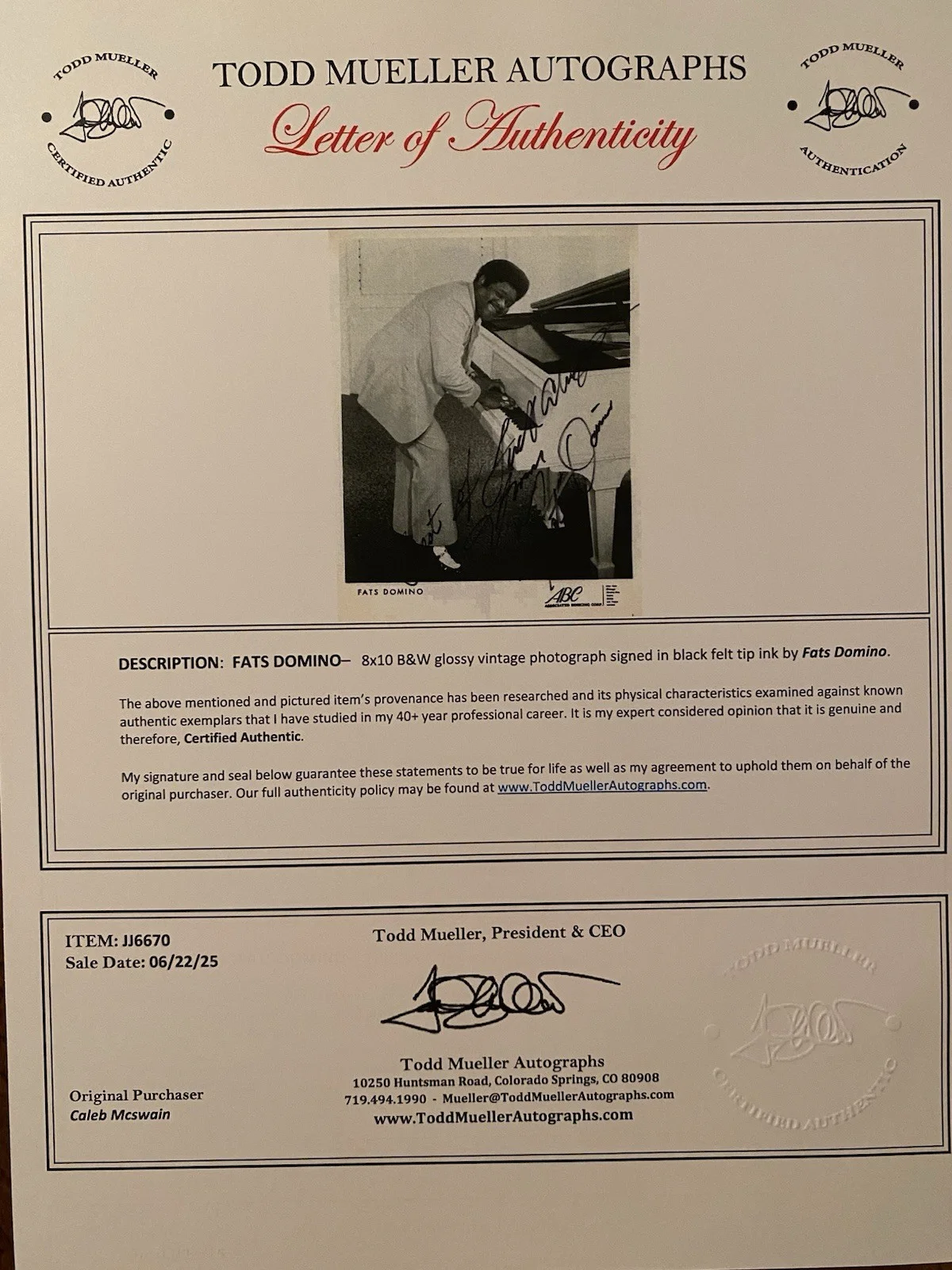 Fats Domino Signed Autographed Photo With COA The Fat Man Rock And Roll Singer, image 4