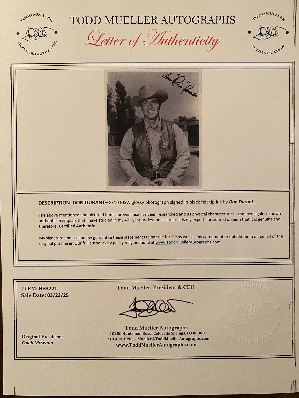 Don Durant — Don Durant Signed Autographed 8x10 Photo With COA Johnny Ringo, изображение 4