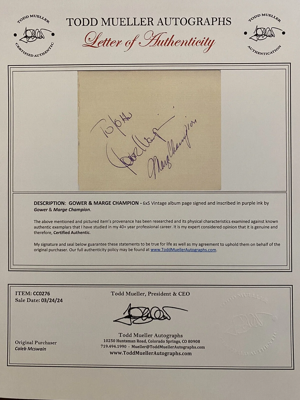Marge Champion, Gower Champion — Marge And Gower Champion Signed Autographed Page By Both With COA LOA, image 2