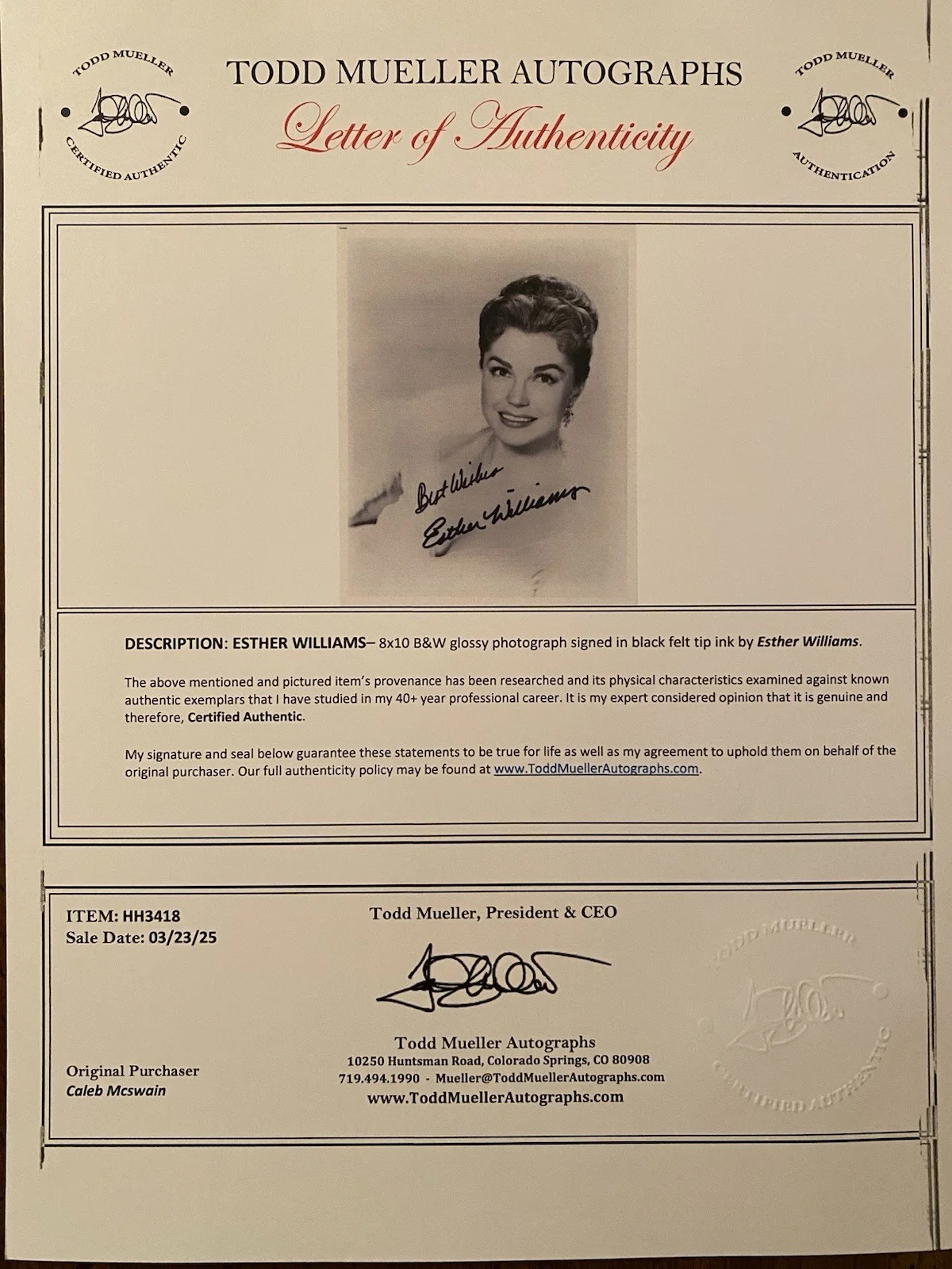 Esther Williams — Esther Williams Signed Autographed Photo With COA Skirts Ahoy Bathing Beauty, изображение 4