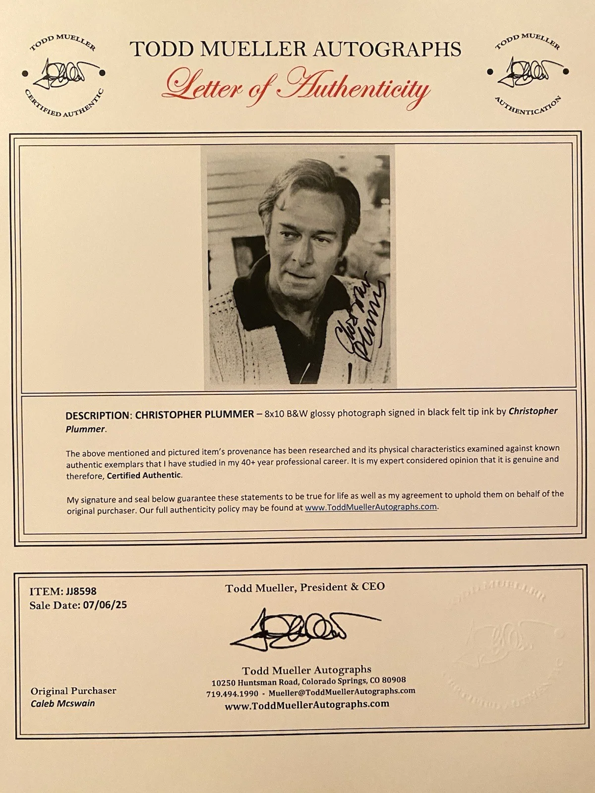 Christopher Plummer — Christopher Plummer Signed Autographed Photo With COA The Sound Of Music Up, изображение 4