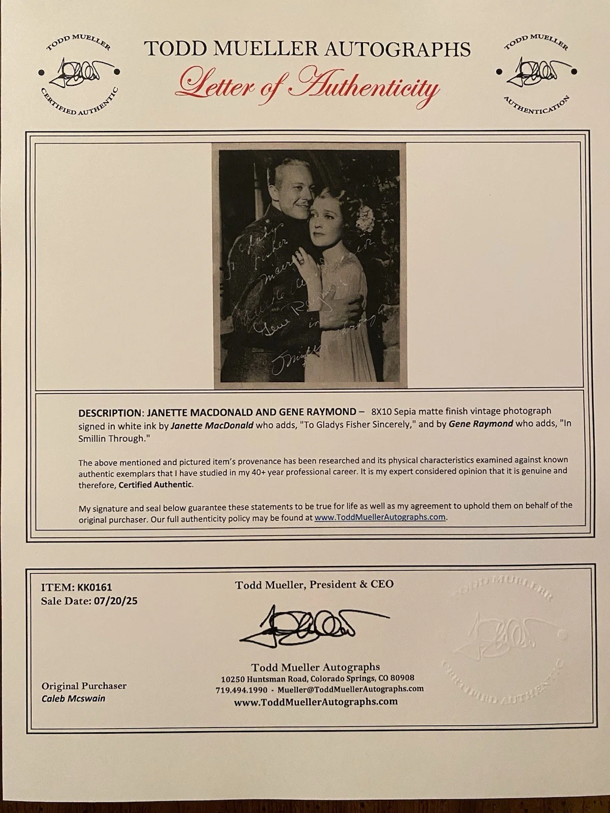 Jeanette Macdonald, Gene Raymond — Jeanette Macdonald Gene Raymond Signed Autographed Photo With COA Smilin Through, изображение 4