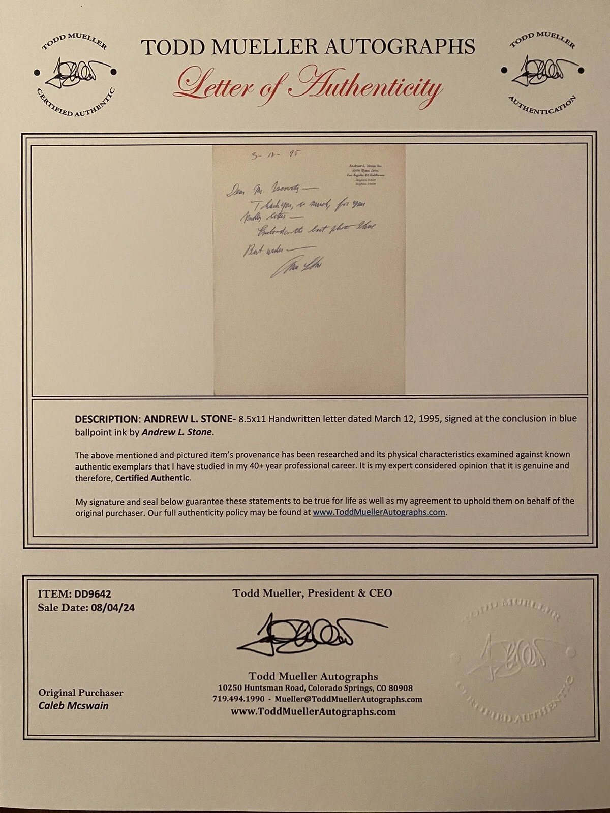Andrew Stone, Andrew L Stone — Andrew L Stone Signed Autographed Letter With COA The Last Voyage Julie Etc, изображение 3