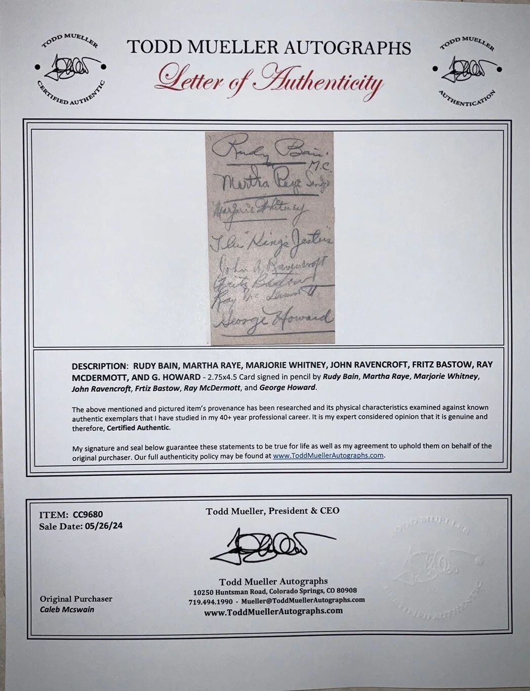 Martha Raye, Marjorie Whitney, The King’s Jesters — Martha Raye Kings Jesters Marjorie Whitney Signed Autographed Card With COA LOA, изображение 3