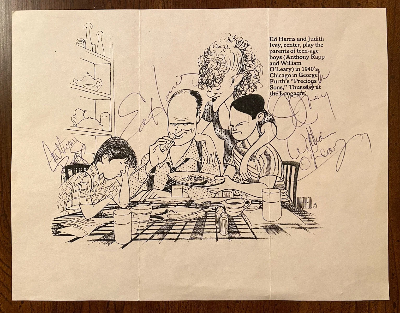 Ed Harris, Judith Ivey, William O’Leary, Anthony Rapp — Ed Harris Judith Ivey Anthony Rapp William O’Leary Signed Hirschfeld Print All