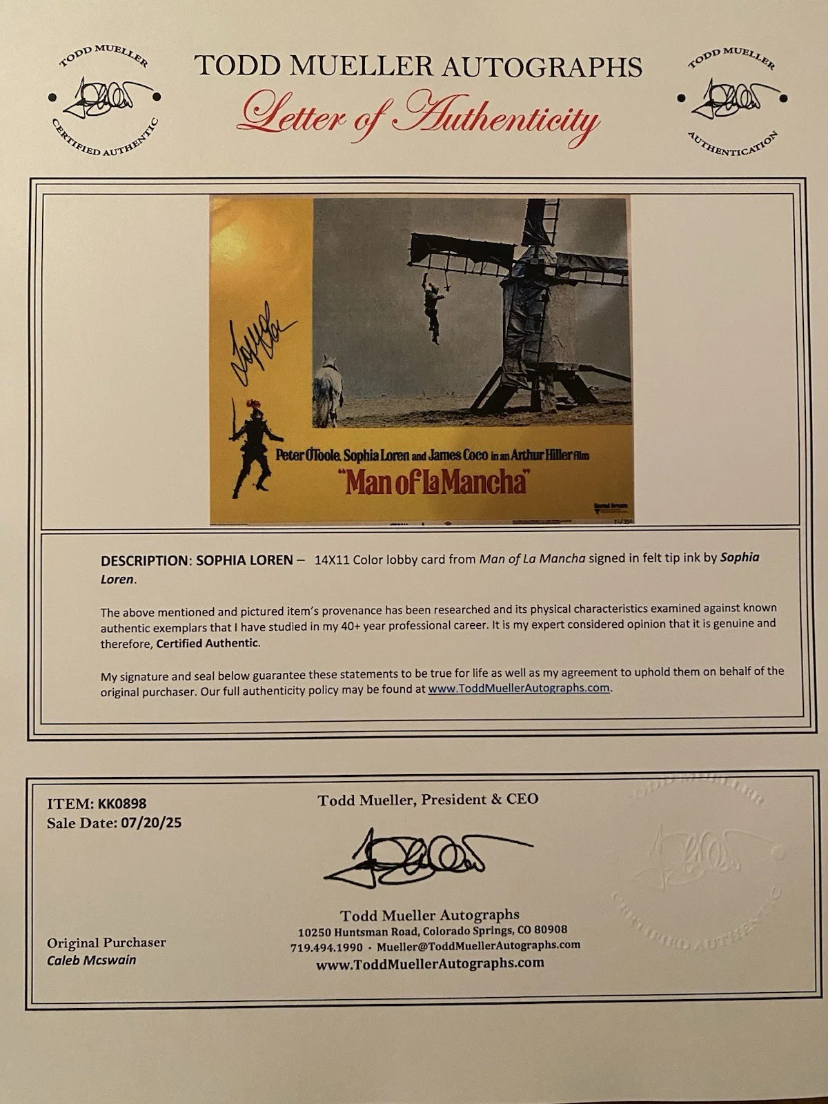 Sophia Loren — Sophia Loren Signed Autographed 14x11 Lobby Card Man Of La Mancha With COA, изображение 4