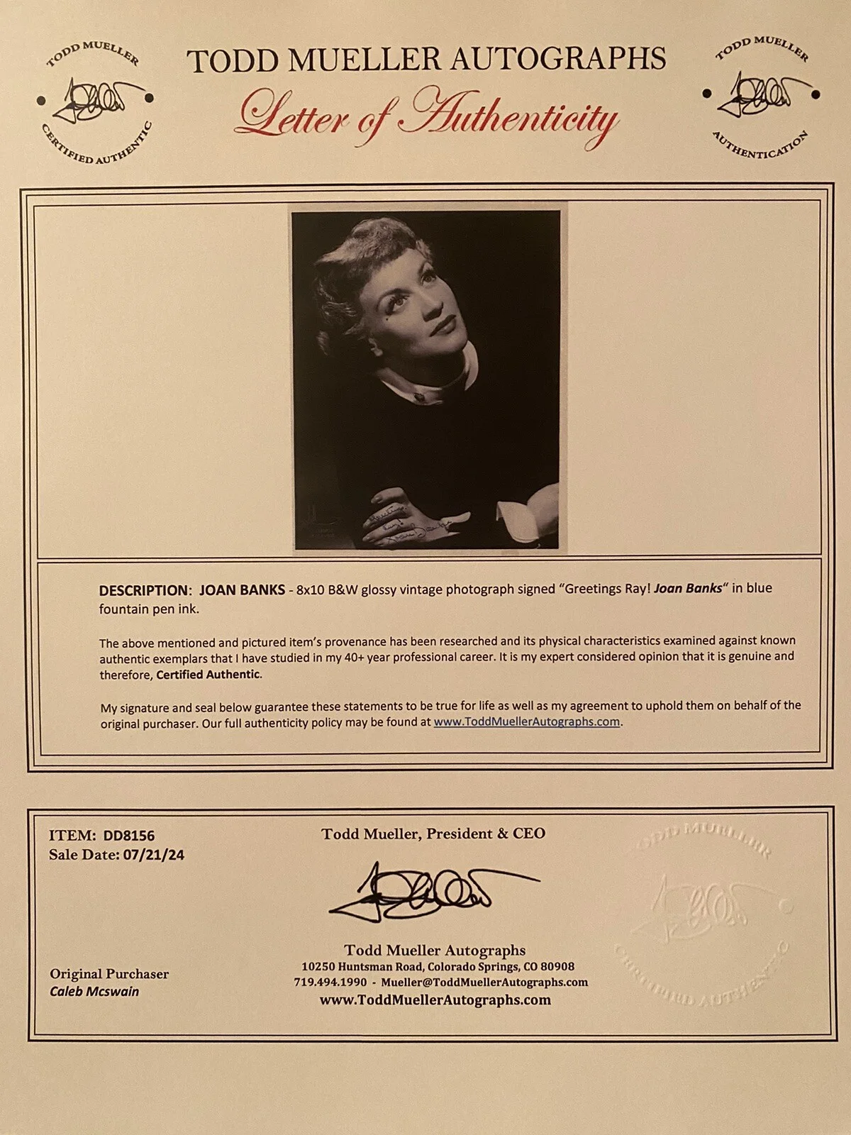 Joan Banks — Joan Banks Signed Autographed Photo With COA Bewitched I Love Lucy RARE, изображение 3
