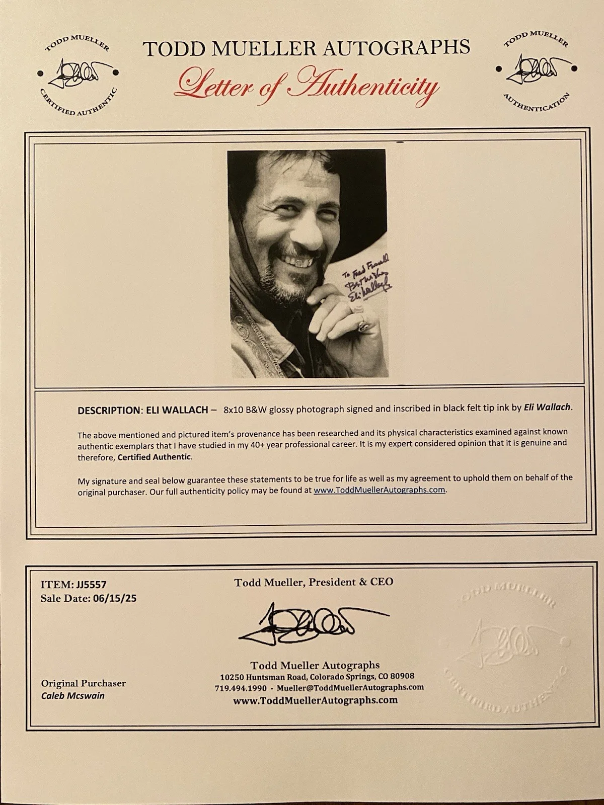 Eli Wallach — Foto autografiada firmada por Eli Wallach con certificado de autenticidad The Magnificent Seven Good Bad Ugly, изображение 4