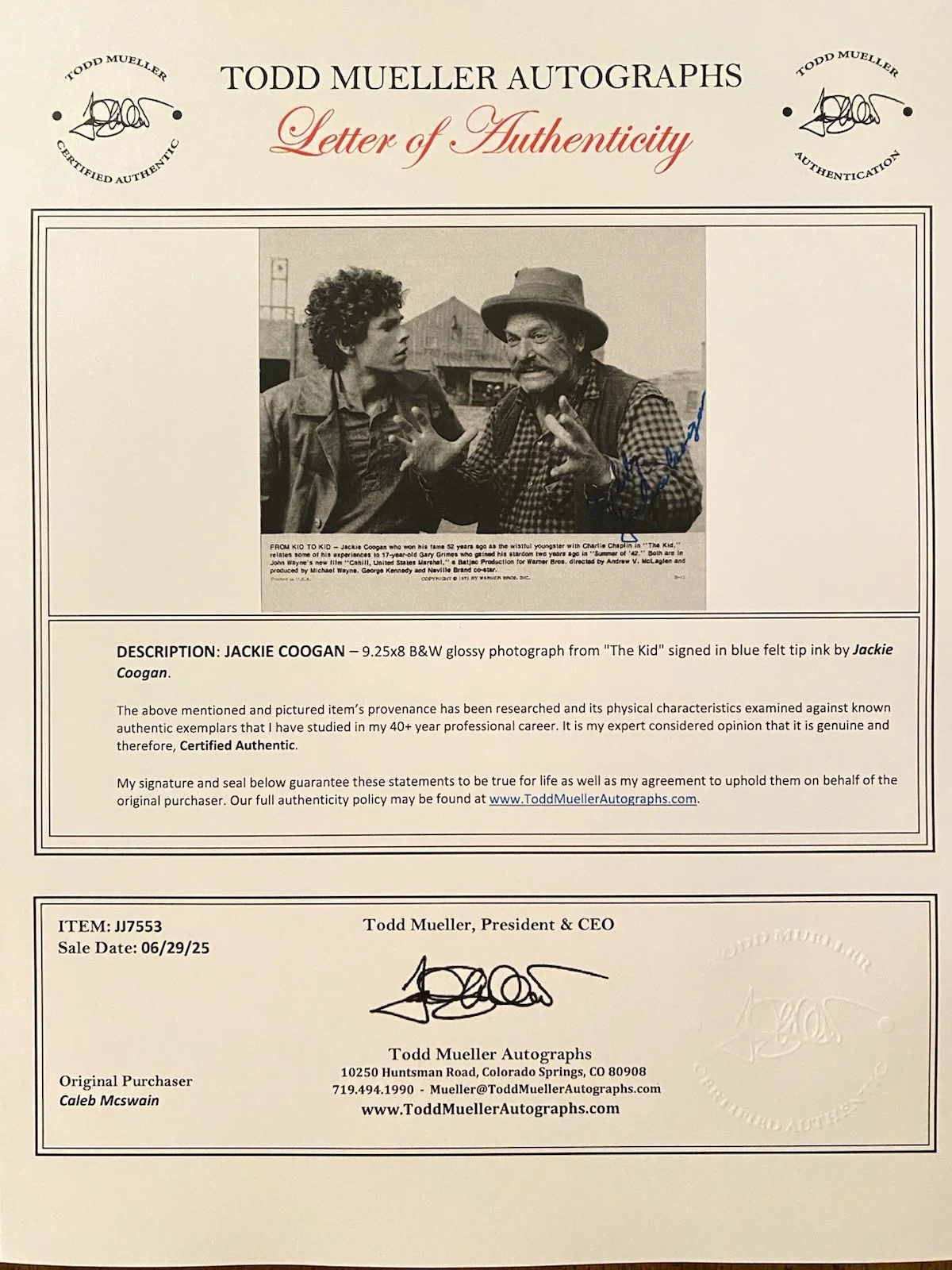 Jackie Coogan — Jackie Coogan Signed Autographed Photo With COA Cahill United States Marshal, изображение 4