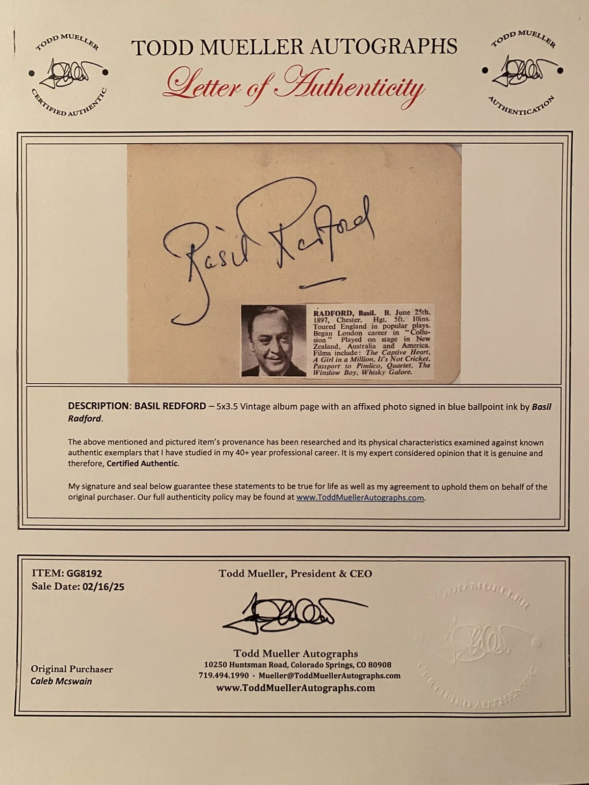 Basil Radford — Basil Radford Signed Autographed Page w COA The Lady Vanishes Jamaica Inn RARE, изображение 4
