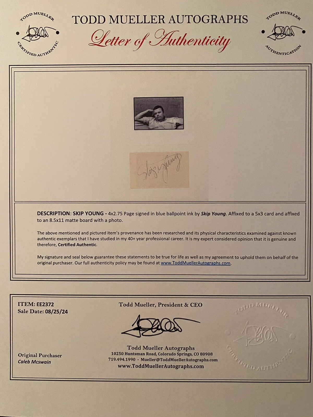 Skip Young — Skip Young Signed Autographed Card With COA Ozzie And Harriet Loving You, изображение 4
