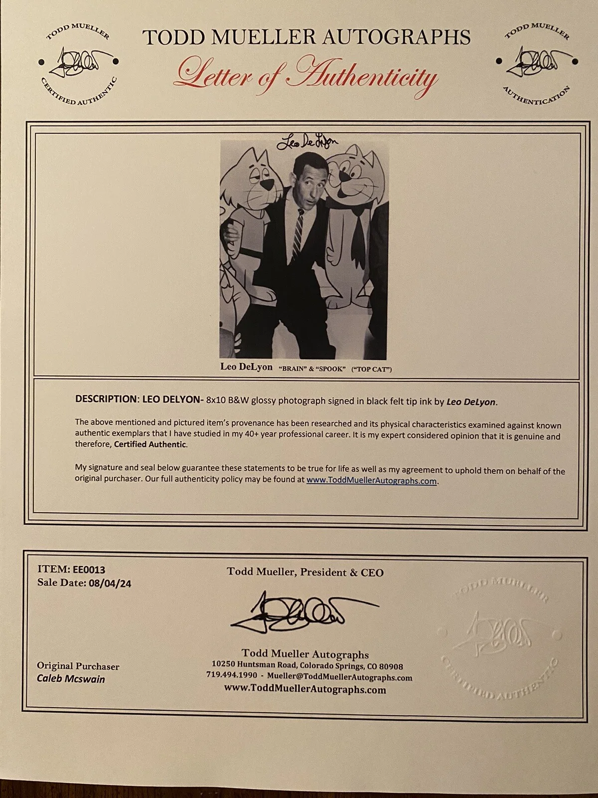 Leo Delyon, Leo De Lyon — Leo Delyon Signed Autographed Photo With COA Top Cat Bewitched The Jungle Book, изображение 3