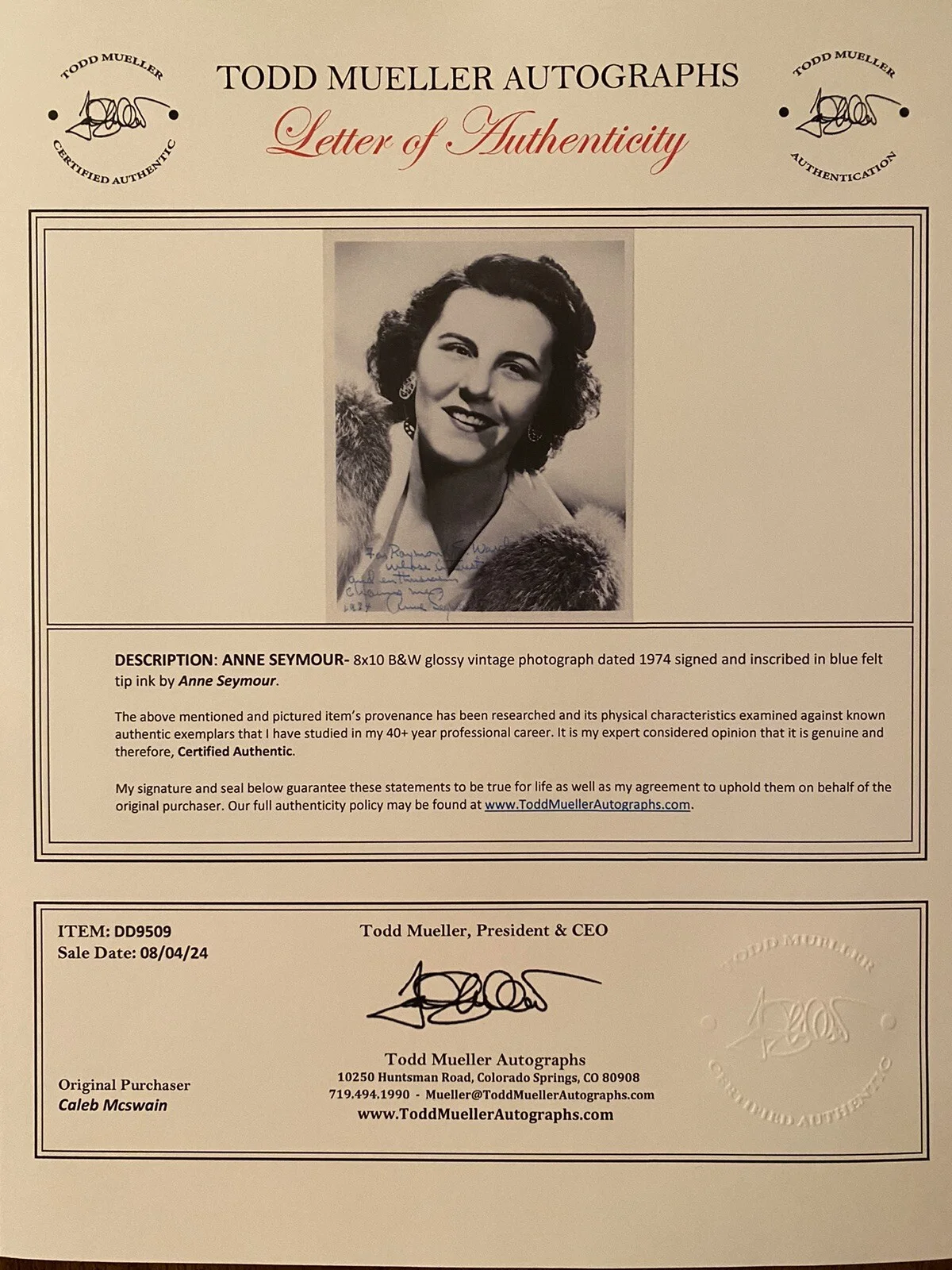 Anne Seymour — Anne Seymour Signed Autographed Vintage Photo With COA Fitzwilly Pollyanna Etc, изображение 3