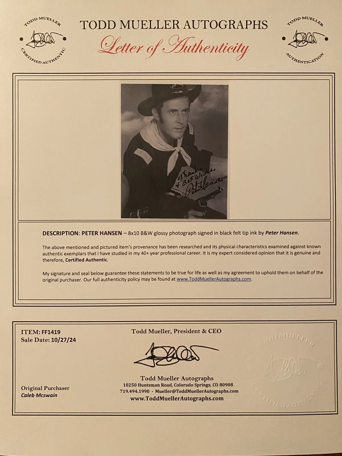 Peter Hansen — Peter Hansen Signed Autographed Photo With COA The Savage Jim Bowie Lone Ranger, image 3