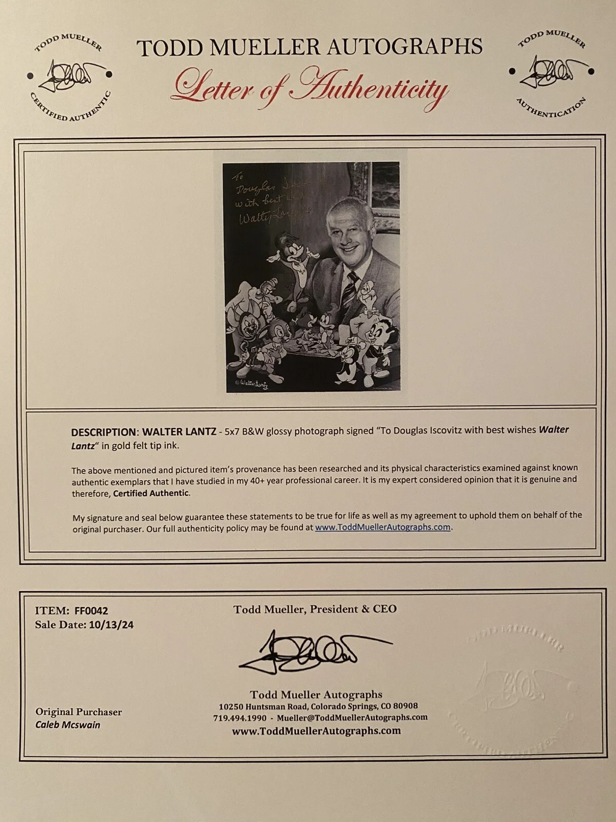 Walter Lantz — Walter Lantz Signed Autographed Photo With COA Woody Woodpecker, image 3