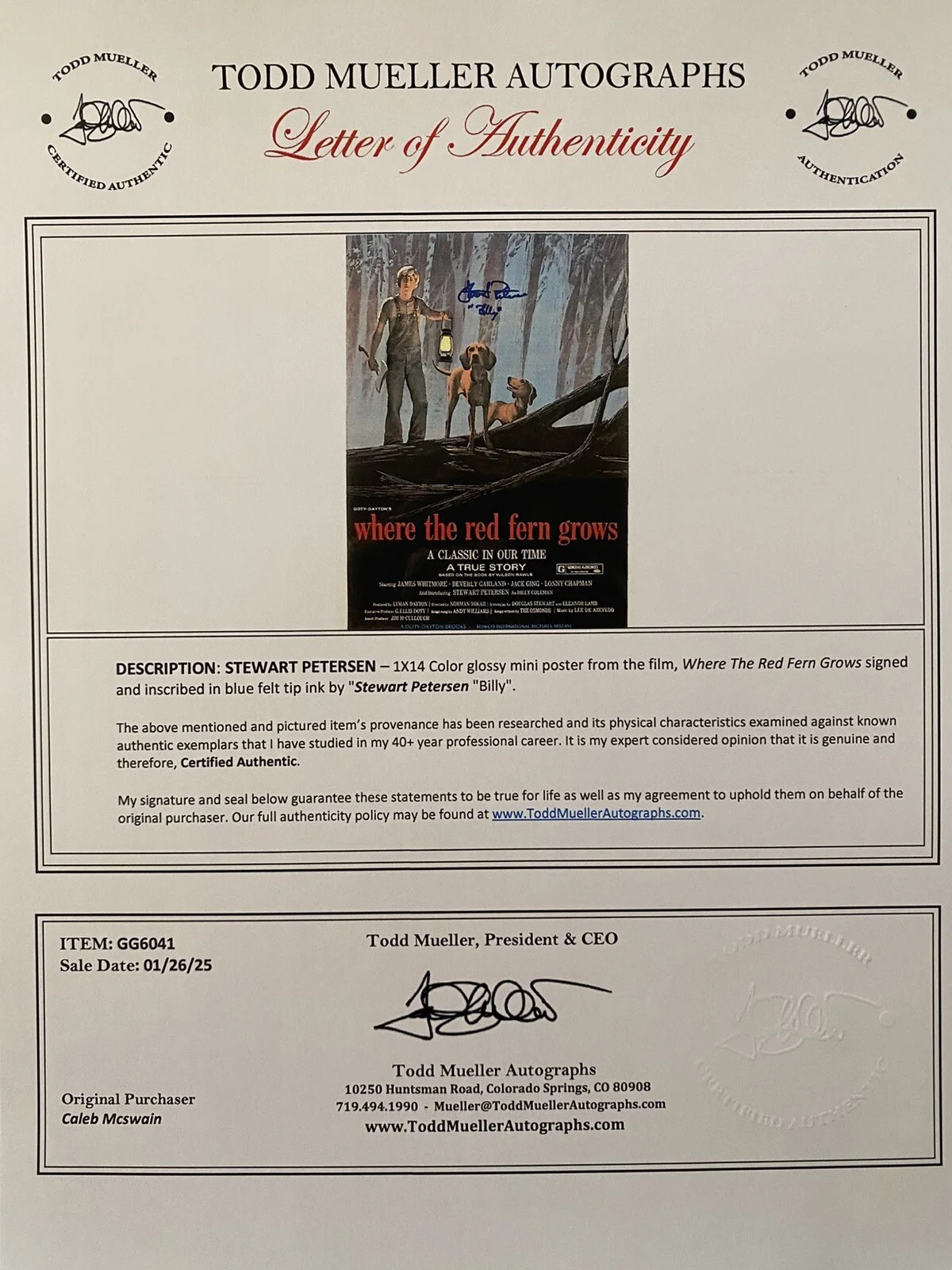 Stewart Petersen — Stewart Petersen Signed Autographed Poster With COA Where The Red Fern Grows, image 3