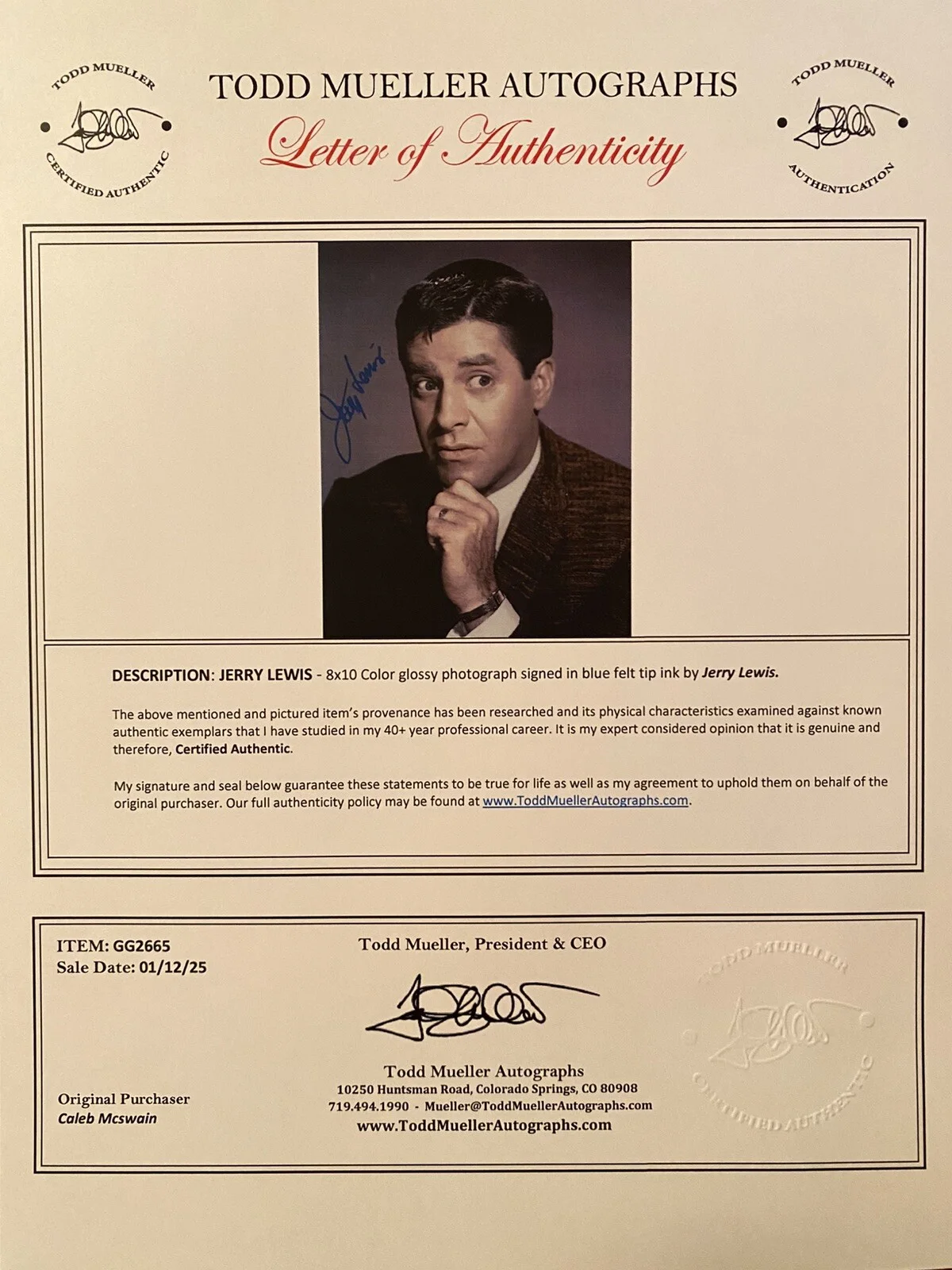 Jerry Lewis — Jerry Lewis Signed Autographed Photo w COA Nutty Professor The Patsy Cinderfella, image 3