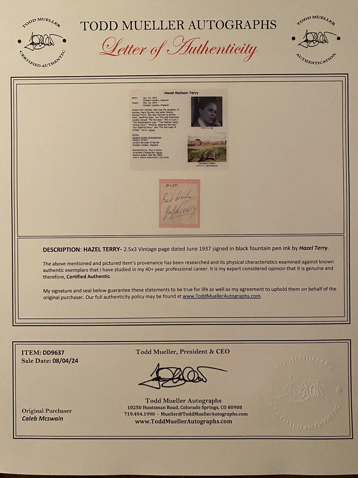 Hazel Terry — Hazel Terry Signed Autographed Card With COA Torpedoed Sweet Devil, image 3