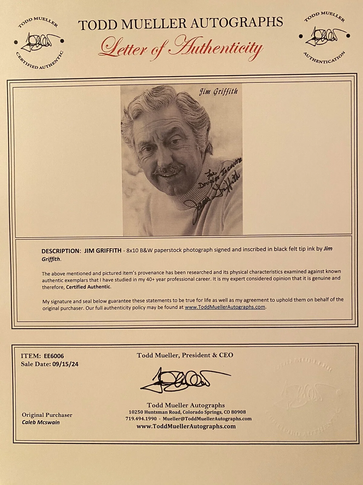 James Griffith, Jim Griffith — James Griffith Signed Autographed Photo With COA Gunsmoke Bonanza Daniel Boone, image 4