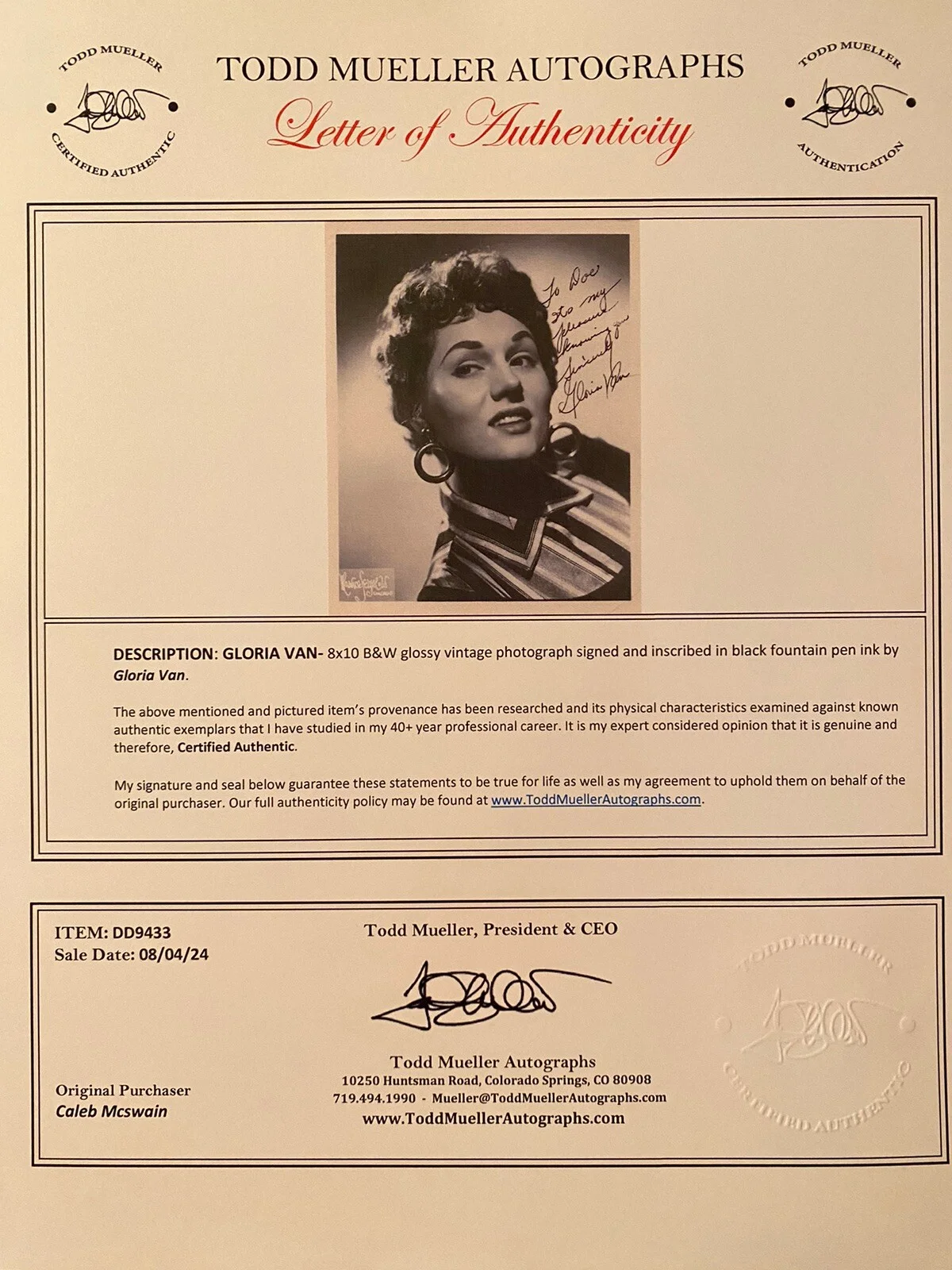 Gloria Van — Gloria Van Signed Autographed Photo With COA Wayne King The Little Revue, изображение 3