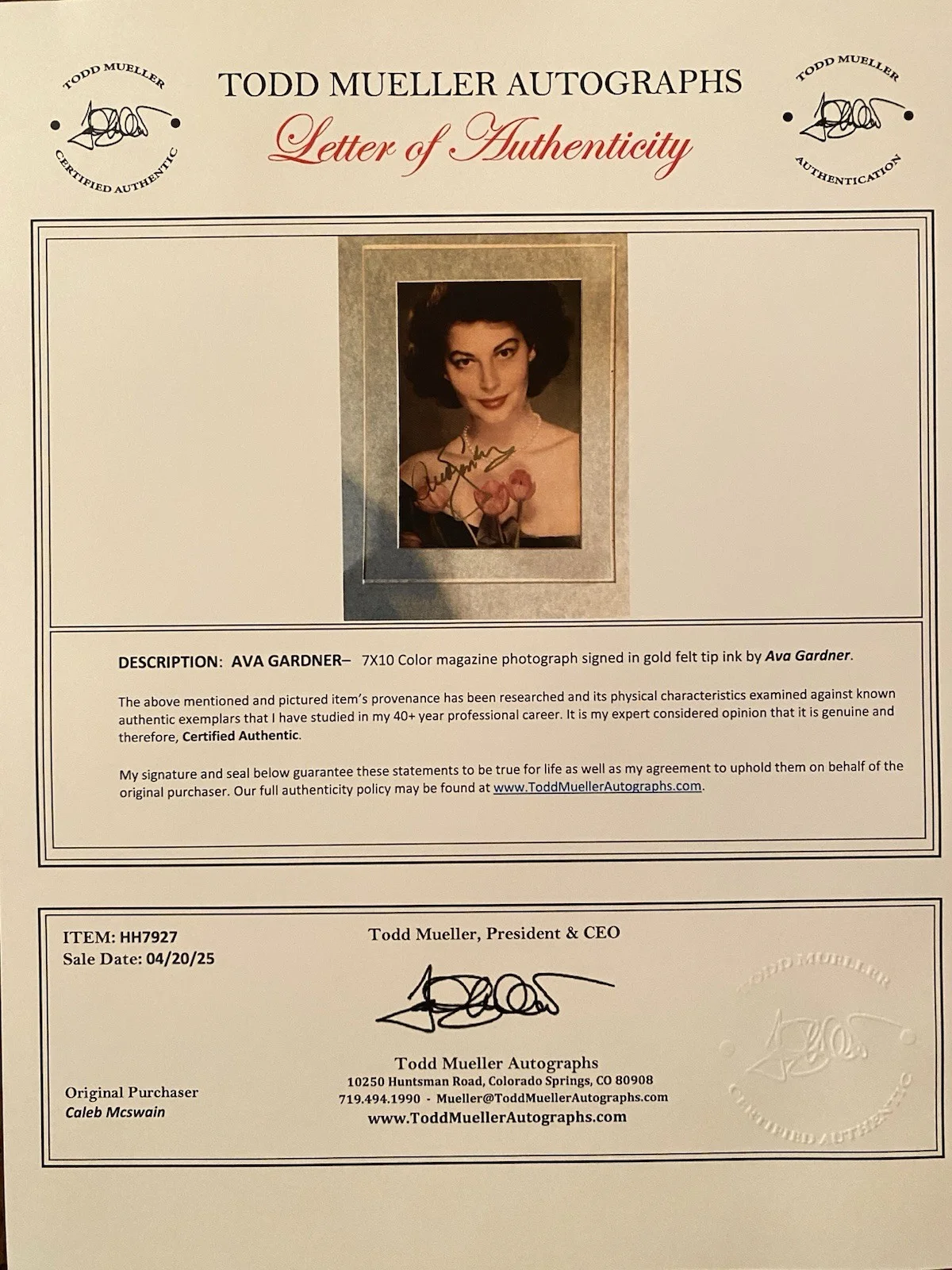 Ava Gardner — Ava Gardner Signed Autographed Photo w COA Mogambo The Killers Barefoot Contessa, изображение 5