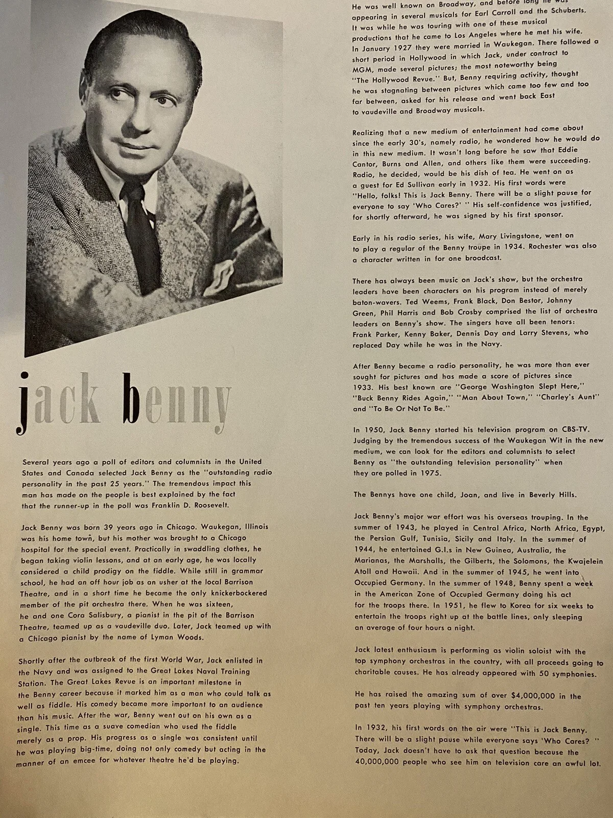 Jack Benny — Jack Benny Signed Autographed Theater Program Page In Person Comedian Star, image 3