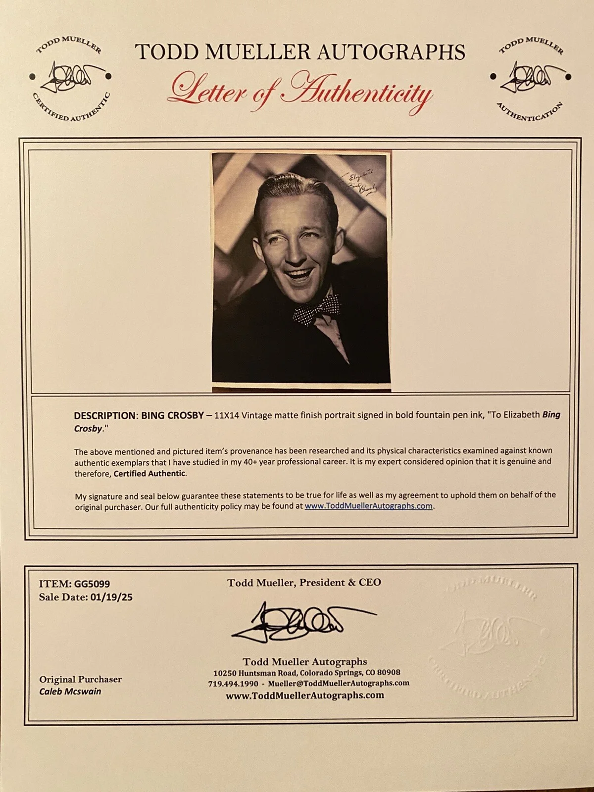 Bing Crosby — Bing Crosby Signed Autographed 11x14 Photo With COA White Christmas Holiday Inn, изображение 4