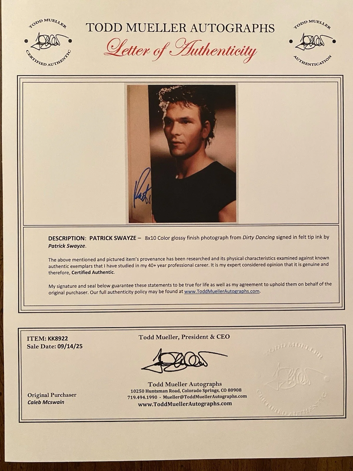 Patrick Swayze — Patrick Swayze Signed Autographed 8x10 Photo With COA Dirty Dancing Ghost MINT, image 4