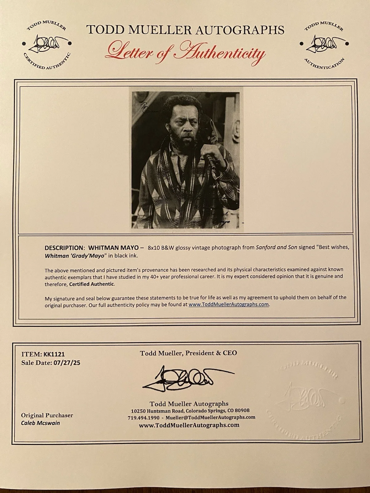 Whitman Mayo — Whitman Mayo Signed Autographed 8x10 Photo With COA Sanford And Son Grady Wilson, изображение 5