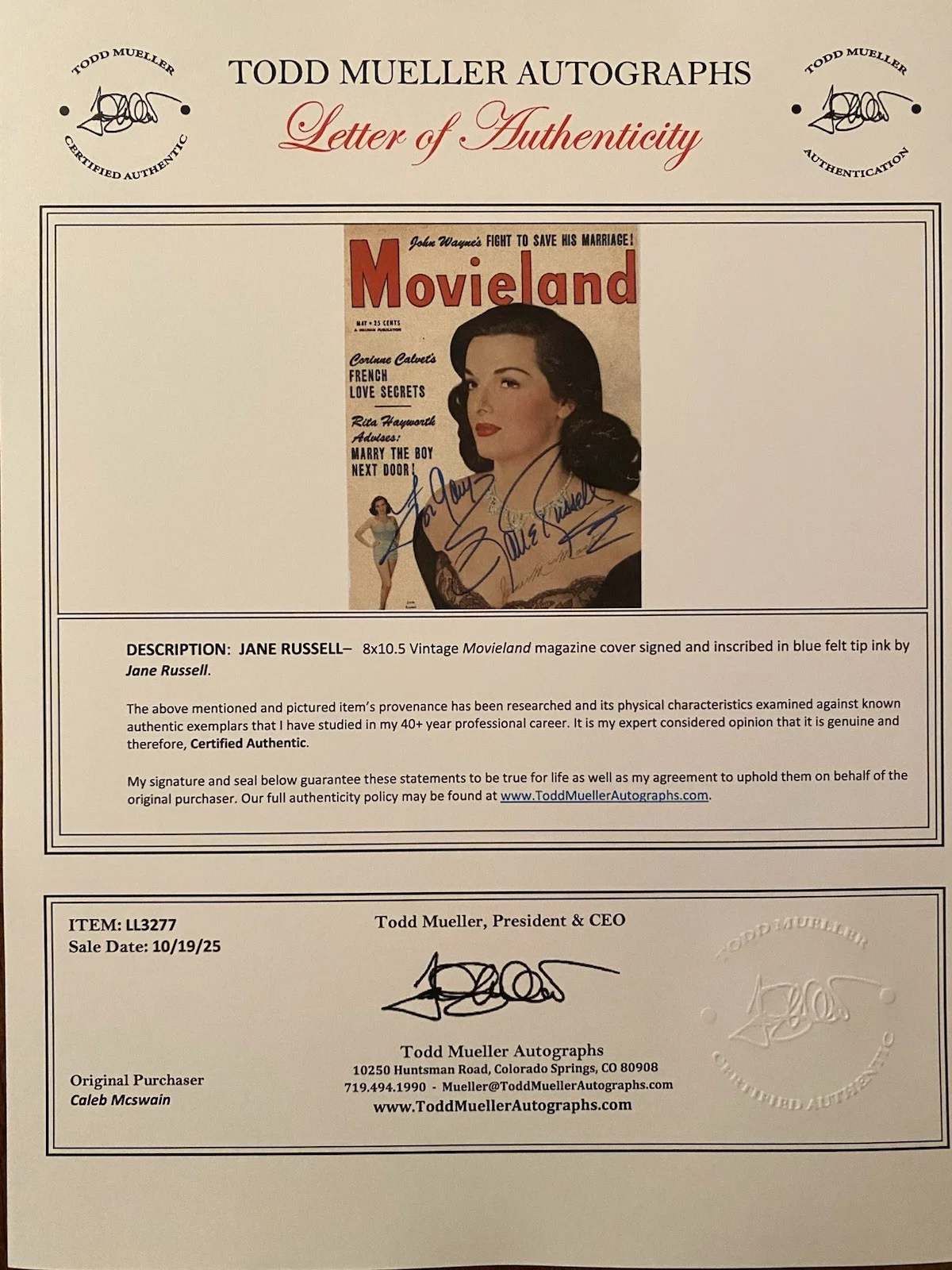 Jane Russell — Jane Russell Signed Autographed Movieland Magazine Cover With COA The Paleface, изображение 4