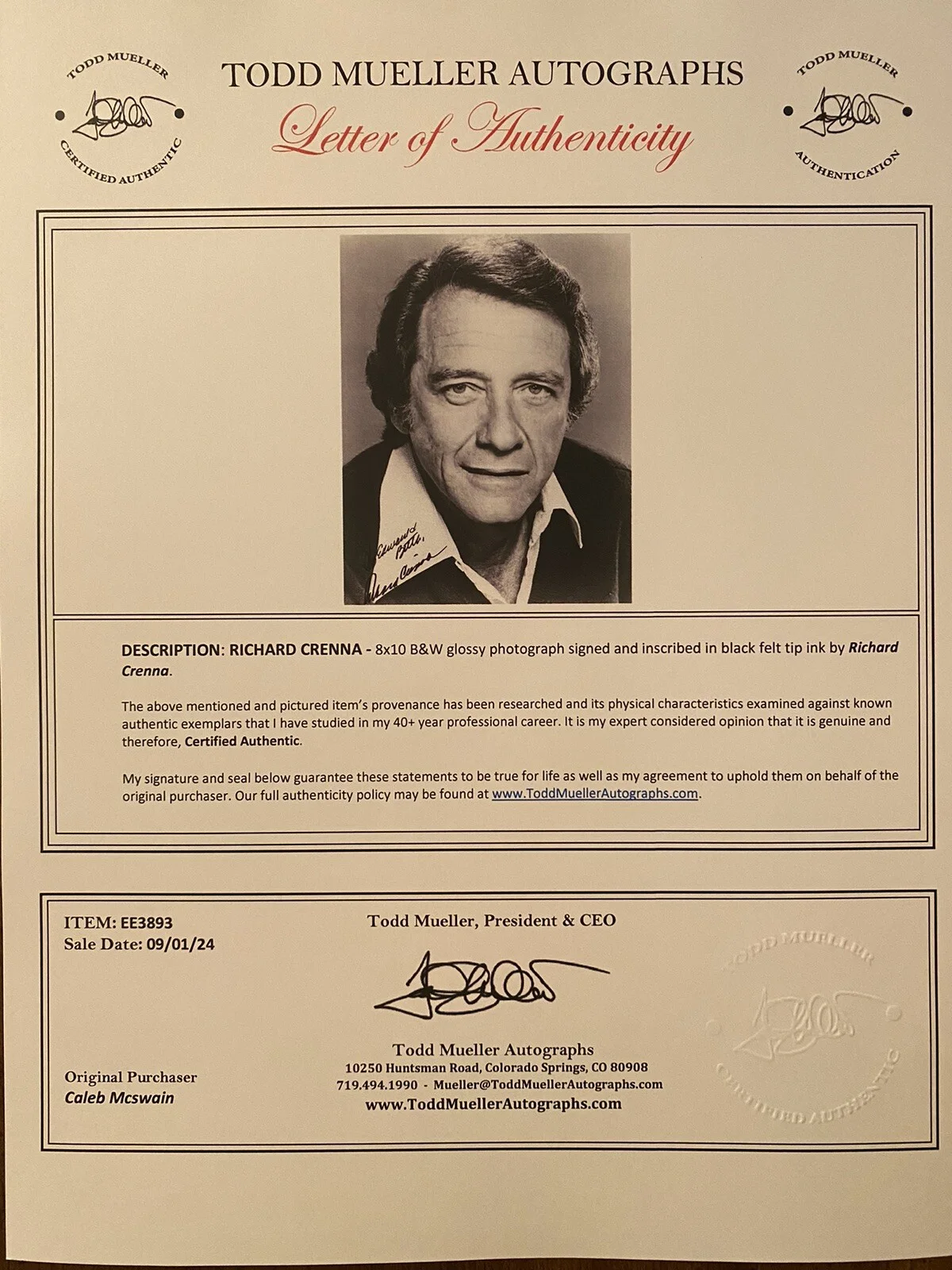 Richard Crenna — Richard Crenna Signed Autographed Photo With COA Real McCoys Rambo First Blood, image 3