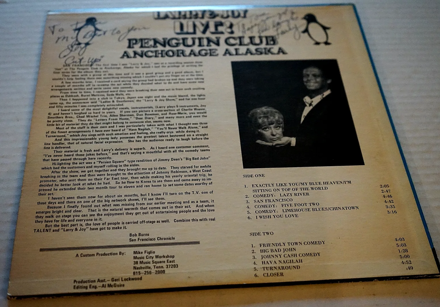 Larry & Joy Live At The Penguin Club LP AUTOGRAPHED By Joy Philbin wife Of Regis, изображение 2
