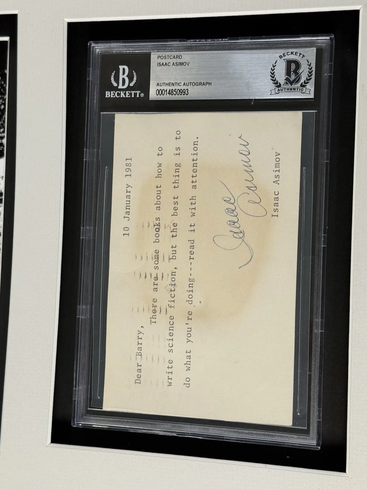 Isaac Asimov Signed Post Card and Picture Framed Beckett COA, image 3