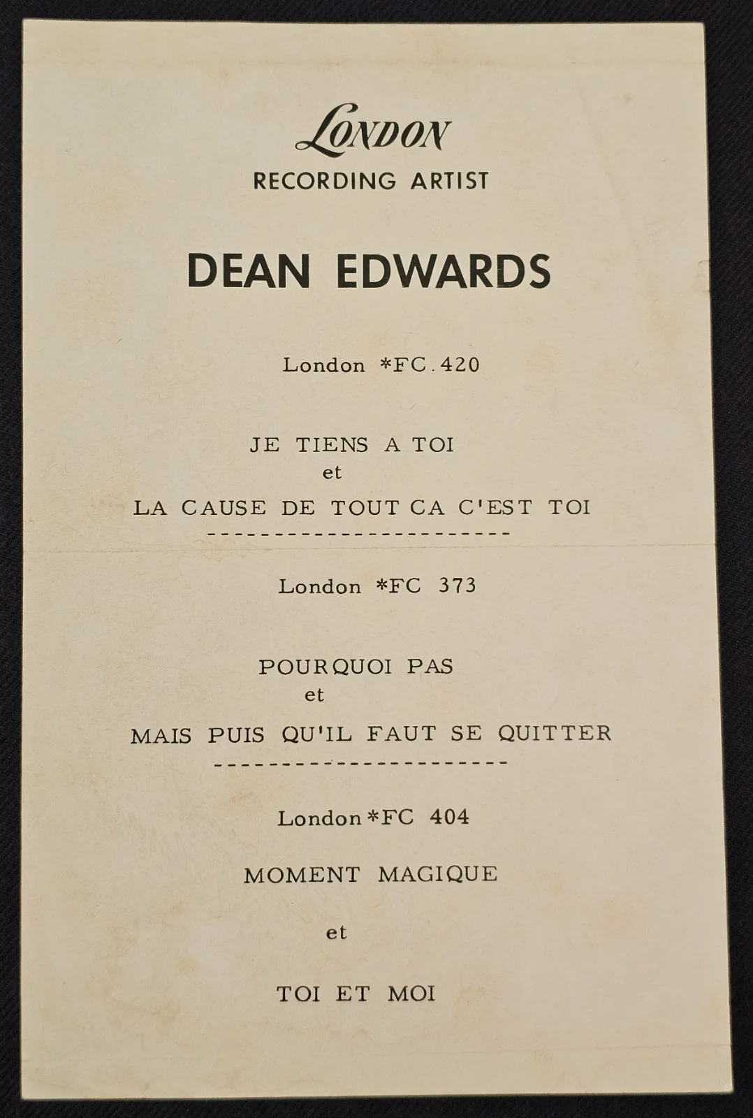 1950's DEAN EDWARDS FRENCH QUEBEC SINGER - AUTOGRAPH LONDON RECORDS PROMO PHOTO, изображение 3
