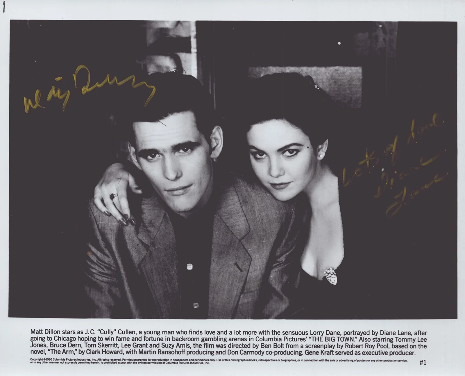 Diane Lane, Matt Dillon — THE BIG TOWN MOVIE CAST - PRINTED PHOTOGRAPH SIGNED IN INK WITH CO-SIGNERS