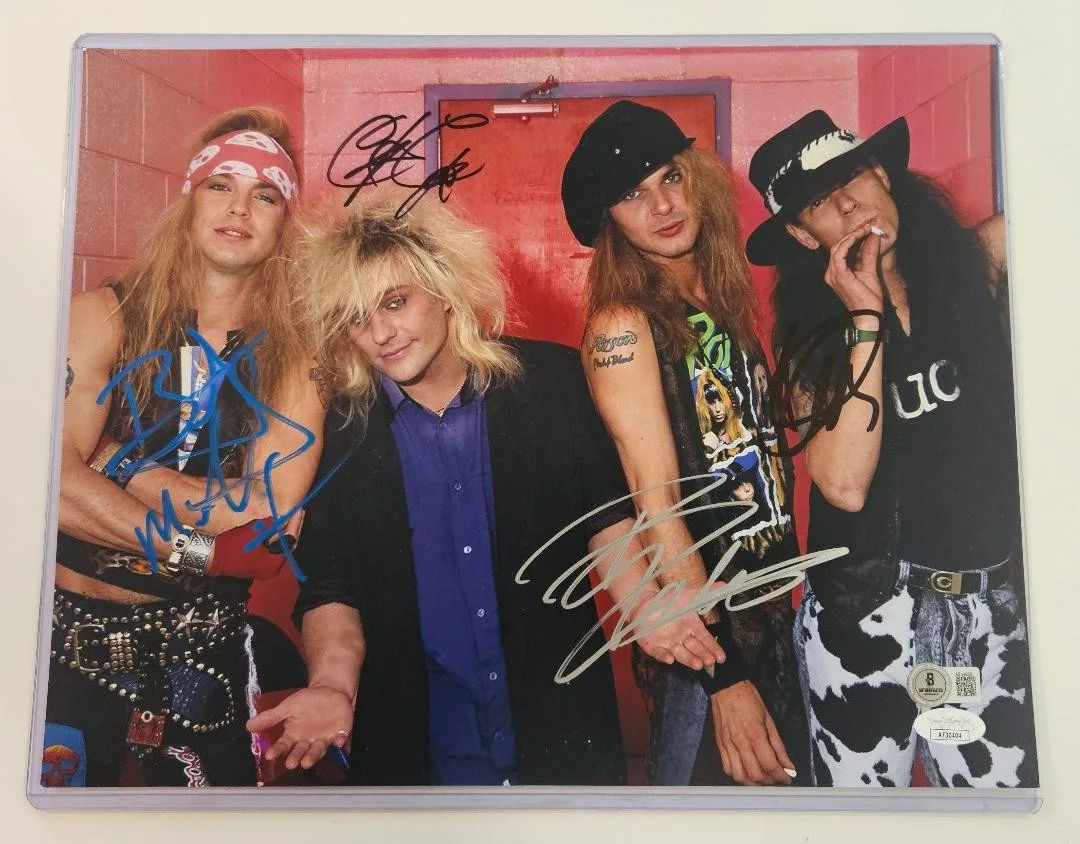 Bret Michaels, C.C. DeVille, Bobby Dall, Rikki Rockett — CC BOBBY RIKKI BRET MICHAELS SIGNED PHOTO 11X14 POISON AUTOGRAPHS BECKETT LOA