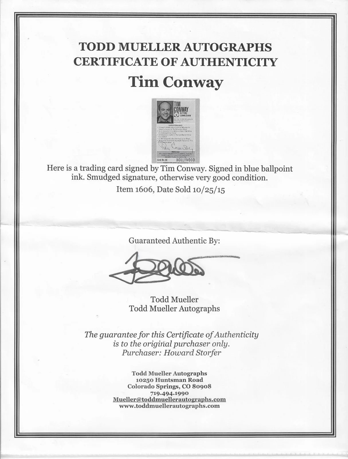 TIM CONWAY 1991 STARLINE HOLLYWOOD SIGNED AUTOGRAPHED CARD #66, изображение 3