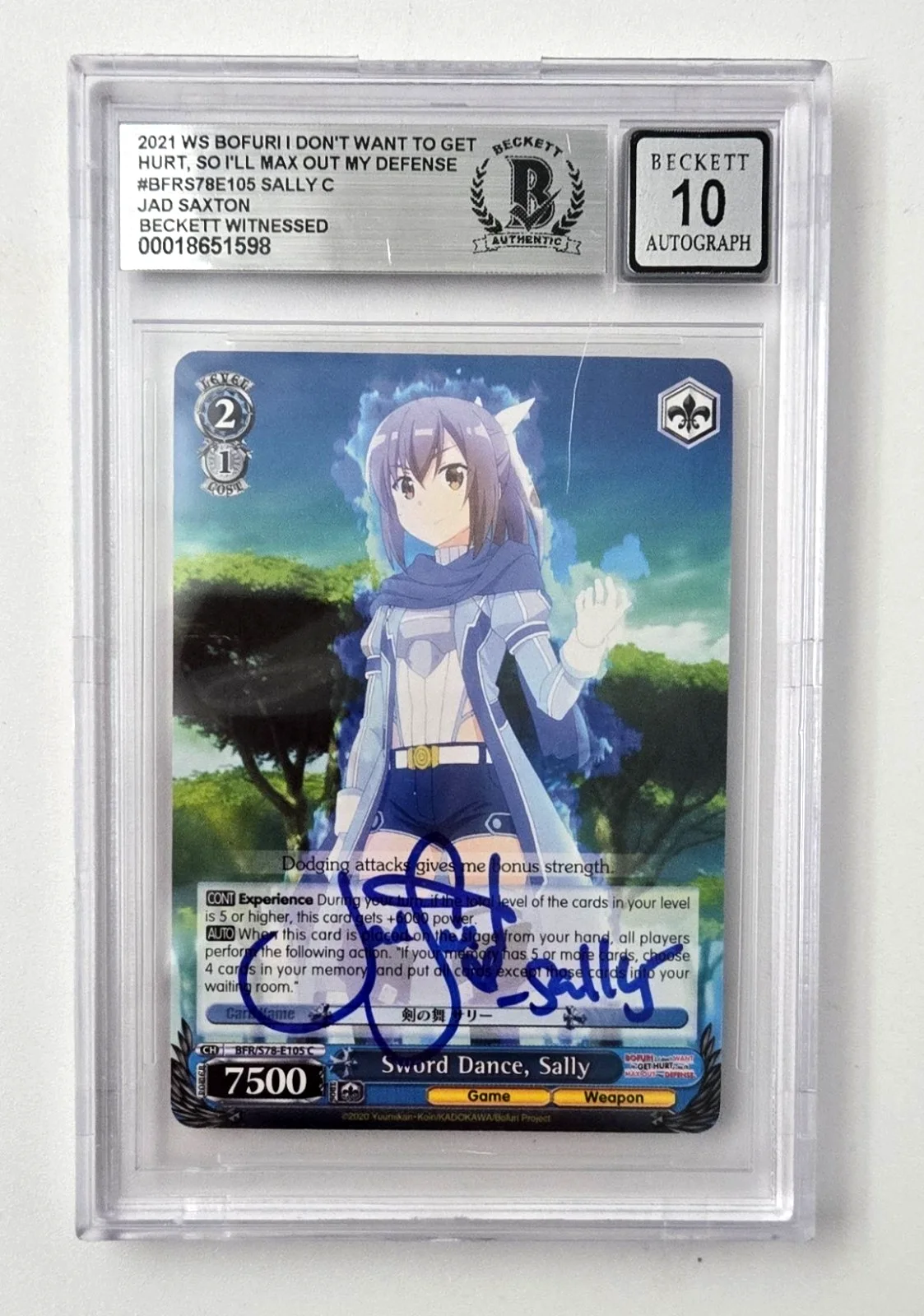Jad Saxton — Bofuri Signed Card Jad Saxton Sally I Dont Want Slab Beckett 10 Weiss Schwarz 98