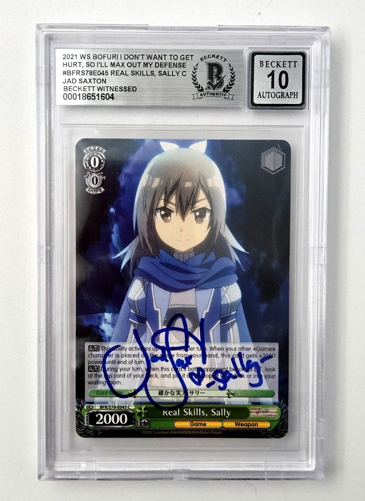 Jad Saxton — Bofuri Signed Card Jad Saxton Sally I Dont Want Slab Beckett 10 Weiss Schwarz 04