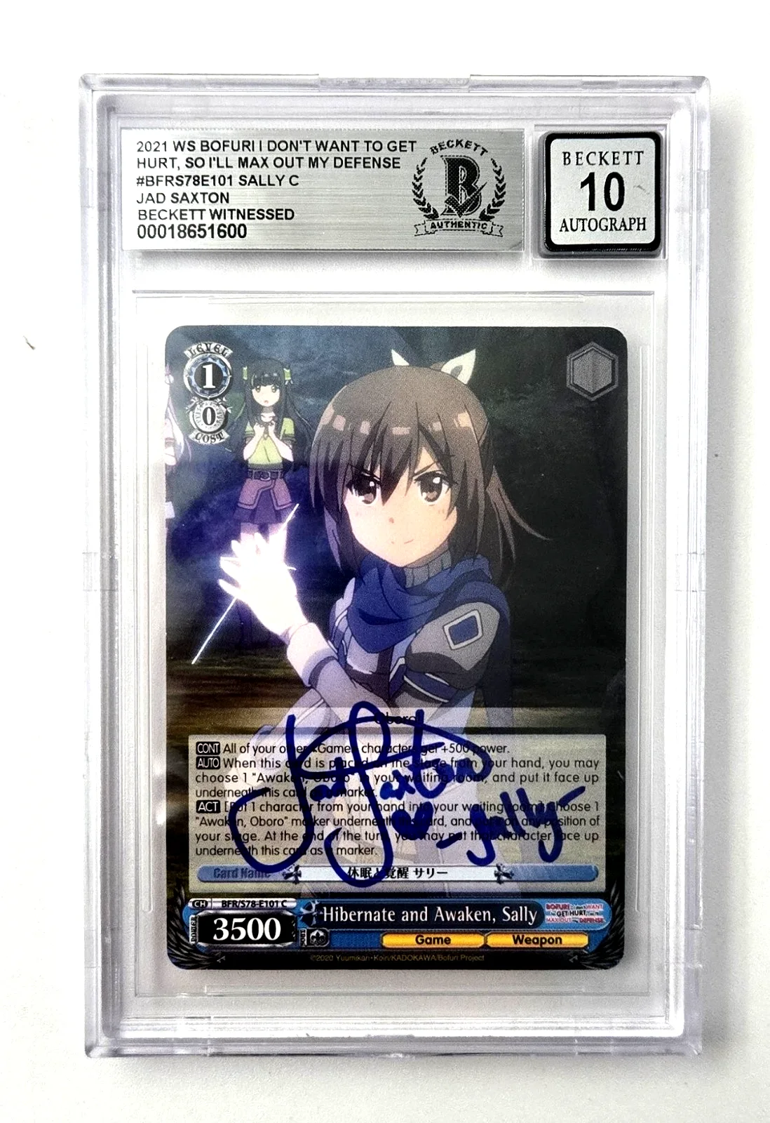 Jad Saxton — Bofuri Signed Card Jad Saxton Sally I Dont Want Slab Beckett 10 Weiss Schwarz 00