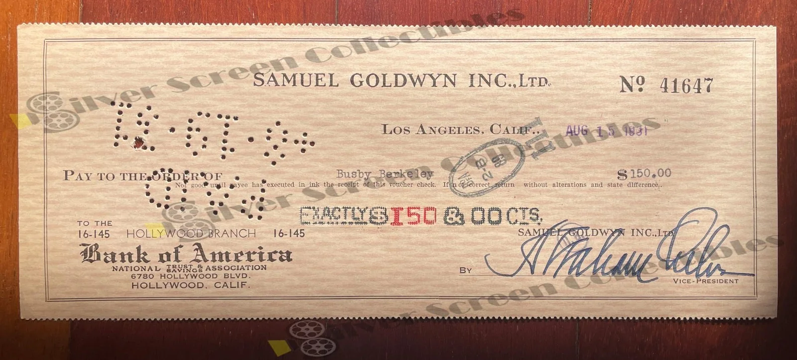 Busby Berkeley - The king of choreography - Original Signed Bank Check, изображение 2